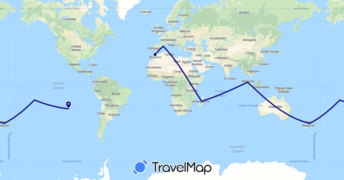 TravelMap itinerary: driving in Chile, Spain, France, Morocco, Madagascar, Malaysia, New Zealand (Africa, Asia, Europe, Oceania, South America)